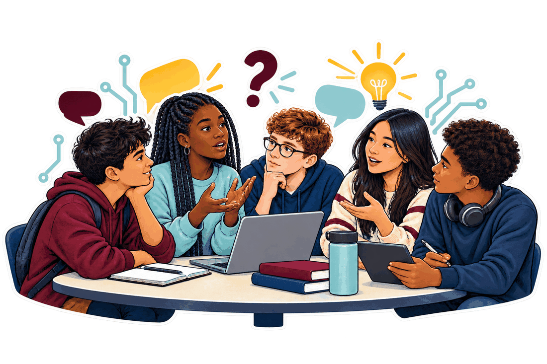 Students talking around a table